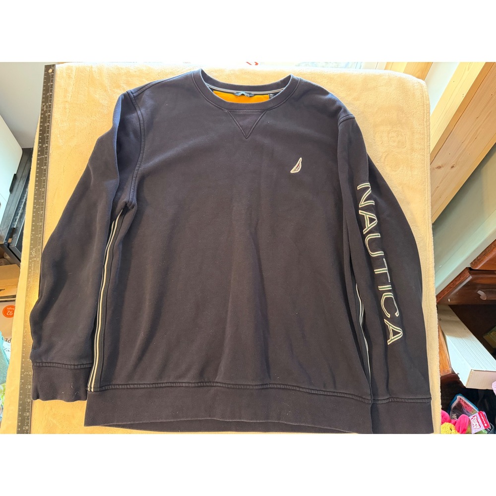 Vintage Nautica Mens XXL Navy Blue Spellout Logo Fleece Crewneck Sweatshirt